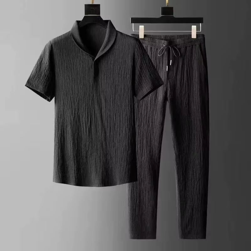 Summer Casual Thin Linen Set Men'S Sport Suit Outdoor Wear Short Sleeve Long Pants Two-Piece Set Lightweight Comfortable Fit